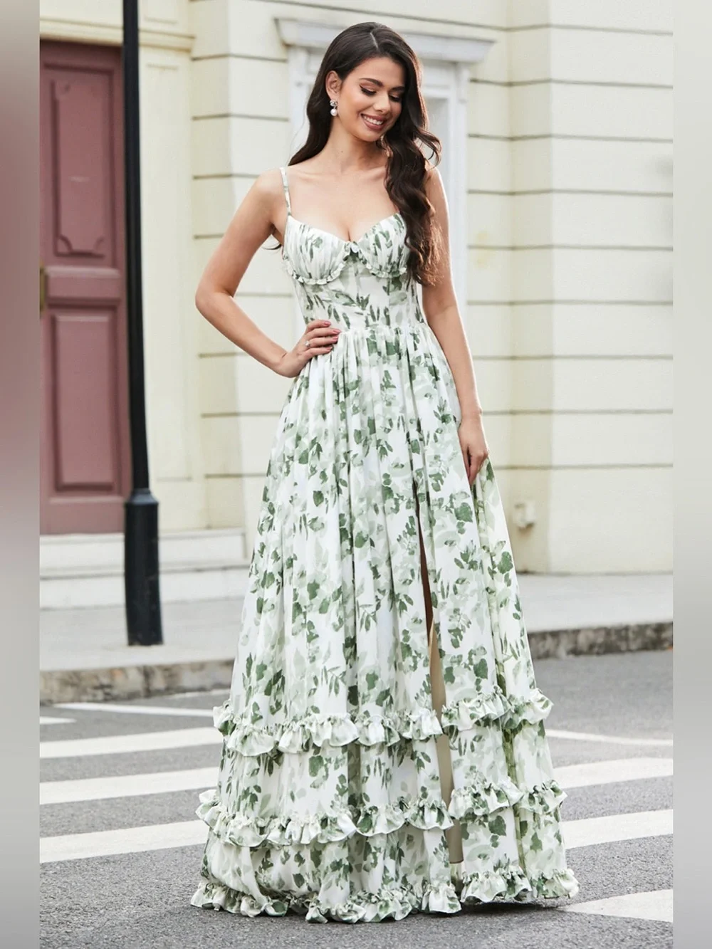 Women’s Green Leaf-Print Maxi Dress with Side Slit - Picture 3 of 9